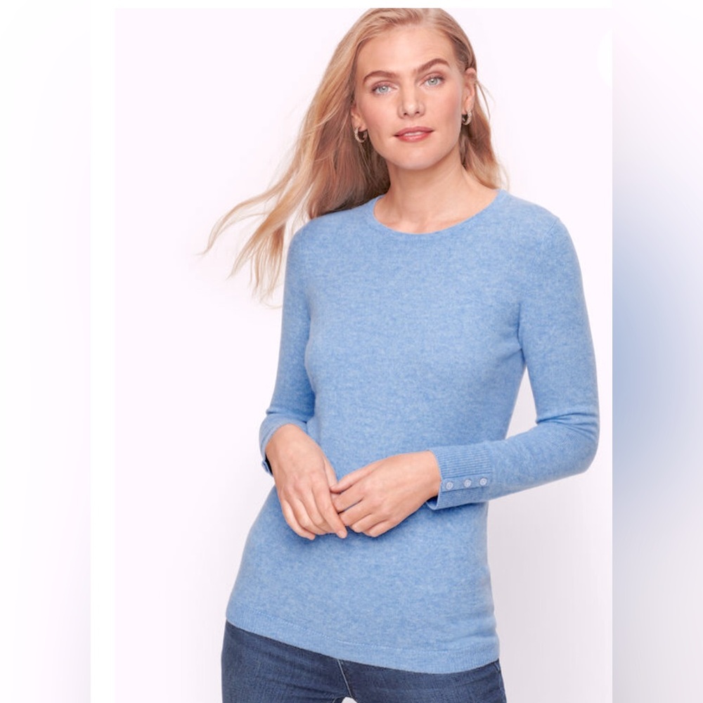TALBOTS light blue heathered cashmere crewneck sweater, button cuff, size small - Picture 1 of 7